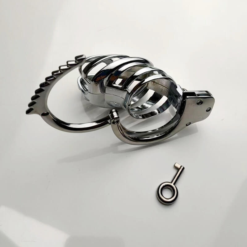 Adjustable Metal Male Chastity Cage with Handcuff Design