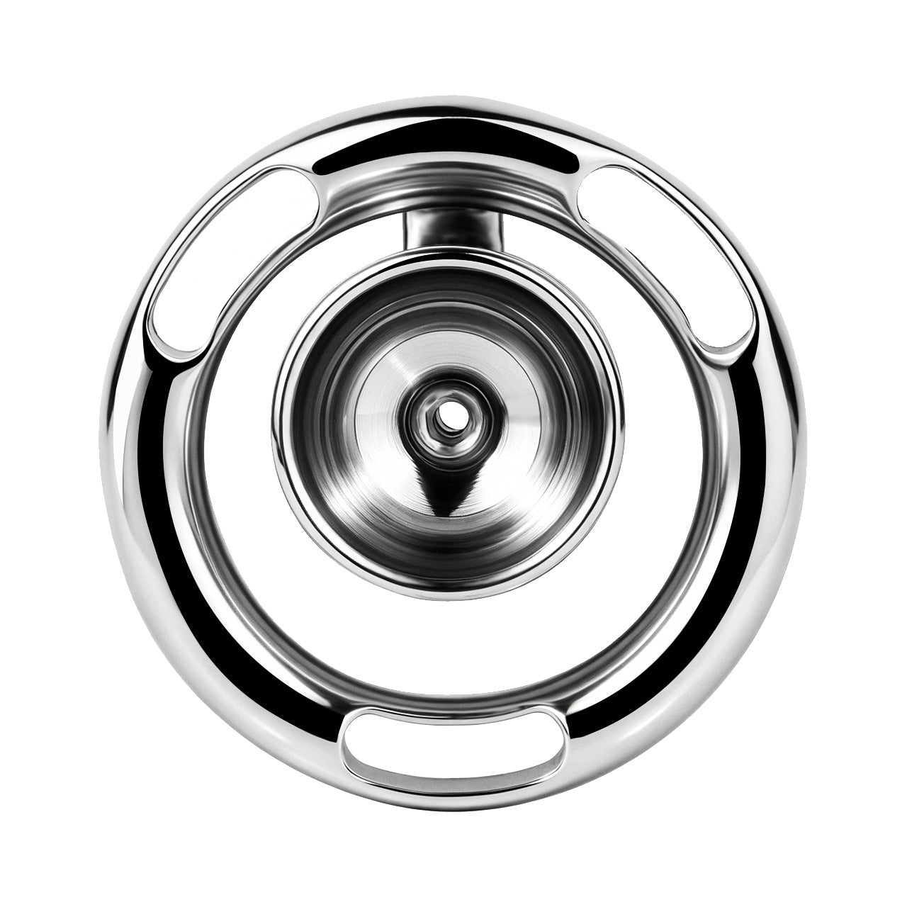 Rear view of circular stainless steel chastity ring assembly