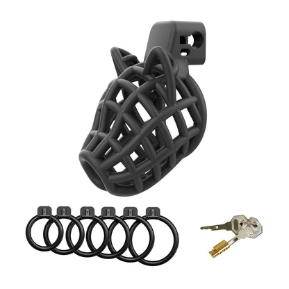 Black dog head cage with six base rings, brass lock and two keys