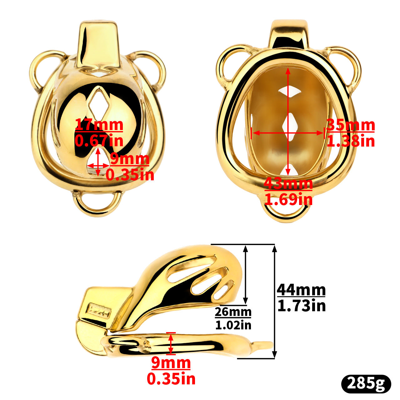Golden Short Smooth Stainless Steel Mamba Cage with Belt dimensions showing 44mm, 1.73in, 26mm