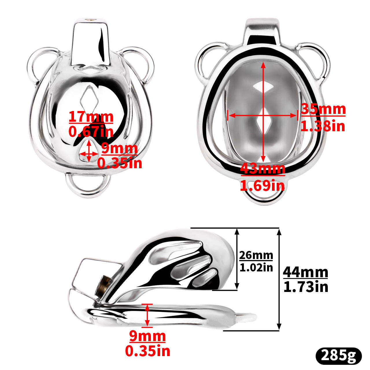 Short Smooth Stainless Steel Mamba Cage with Belt dimensions showing 26mm, 1.02in, 44mm