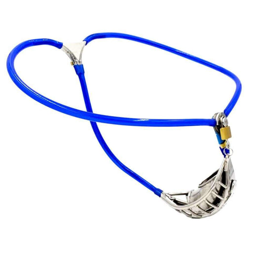 Blue Open-Cage Cable-Waist Male Chastity Belt