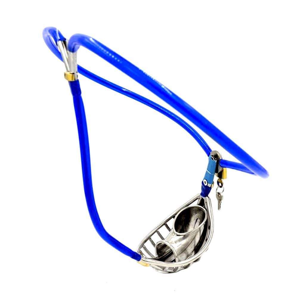 Blue Open-Cage Cable-Waist Male Chastity Belt