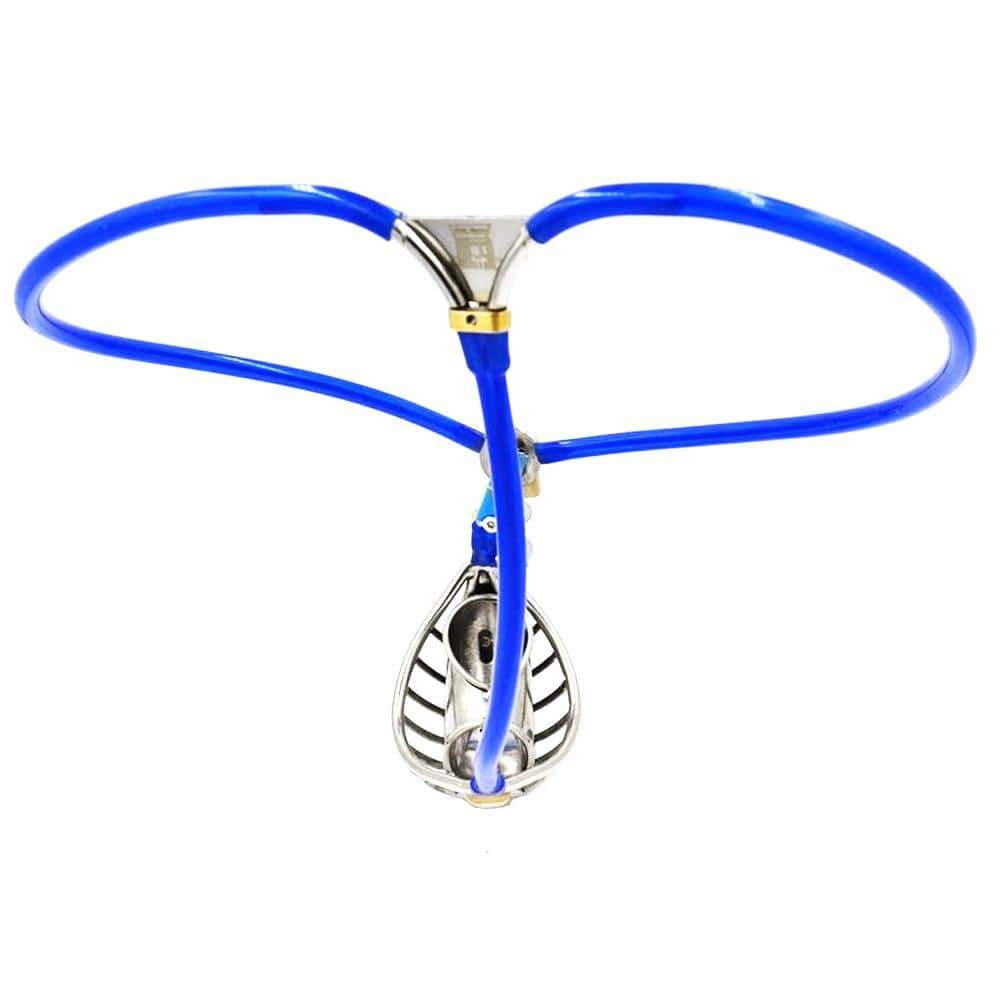 Blue Open-Cage Cable-Waist Male Chastity Belt