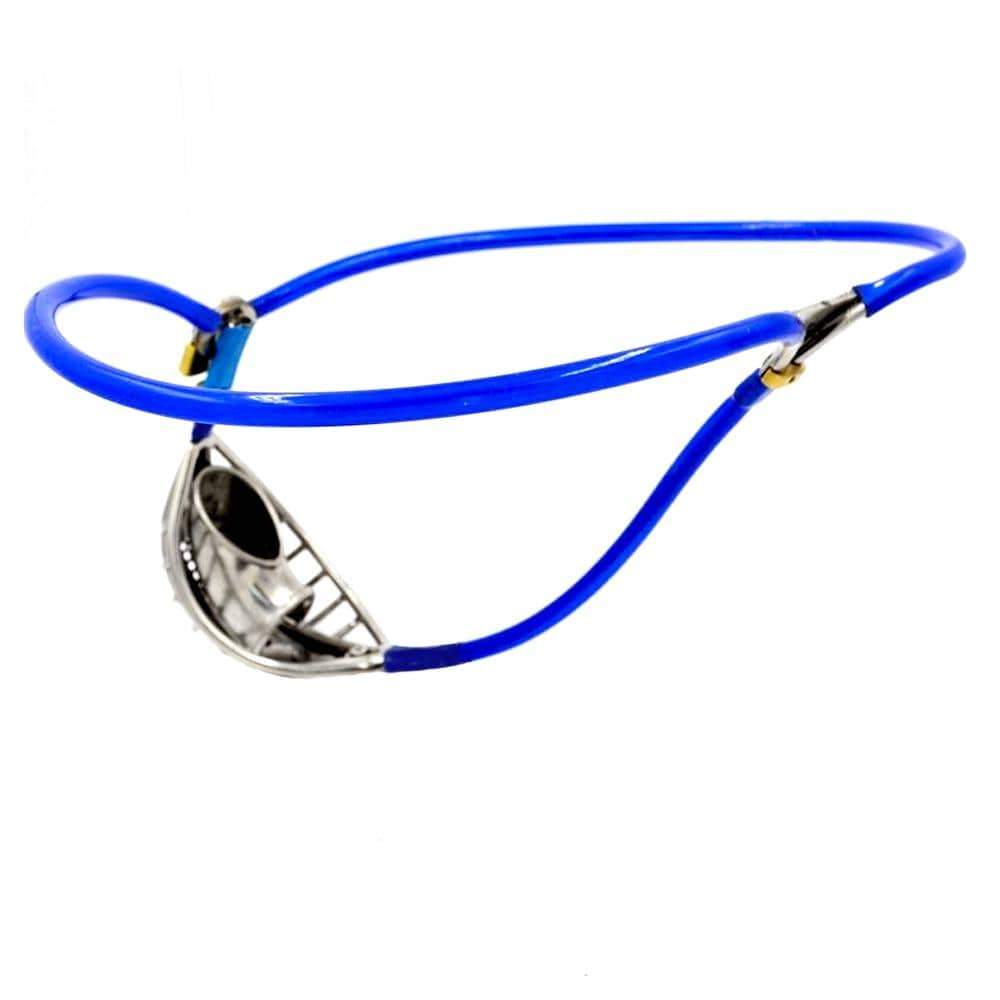 Blue Open-Cage Cable-Waist Male Chastity Belt