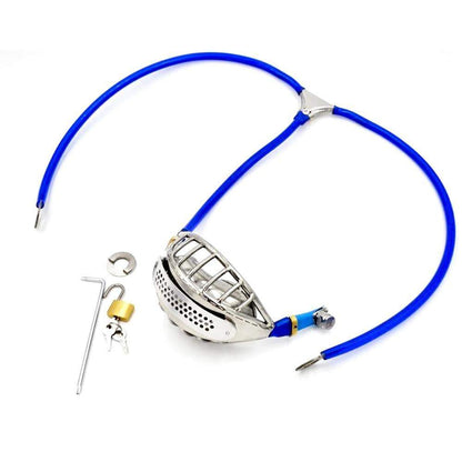 Blue Open-Cage Cable-Waist Male Chastity Belt